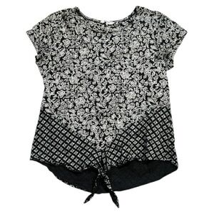 Fat Face Women's Top Floral Black and Cream, Tie Bottom, Cap Sleeves Size 12